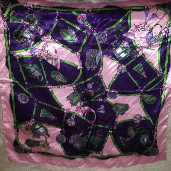 Satin Patterned Scarf - Pink/Purple/Green - Picture 2 of 3
